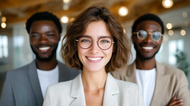 Woman smiling at camera surrounded by two men in casual professional outfits. Bright office background with warm lighting creates inviting atmosphere