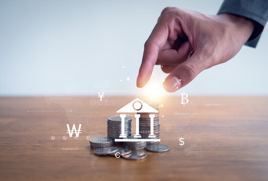 Business touch on bank and international trading currency, dollar yuan yen euro and pound sterling sign.   world economy money, transfer.Global currency exchange concept.