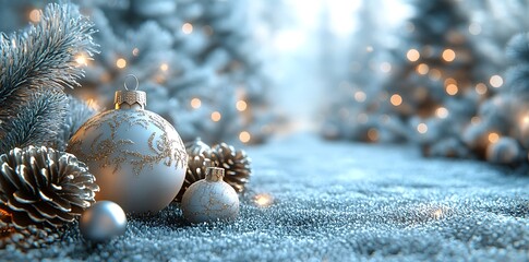 Festive winter scene with decorated ornaments and pinecones Christmas snow