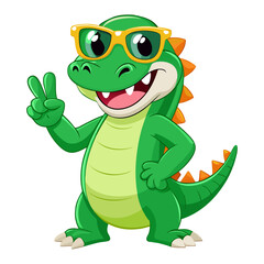 Fototapeta premium Funny 3D cartoon Alligator in sunglasses smiling and showing peace sign