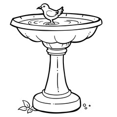 Birdbath with a bird resting in water surrounded by leaves  