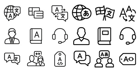 Fototapeta premium Translation and language outline icons set – flat, line, multilingual communication symbols