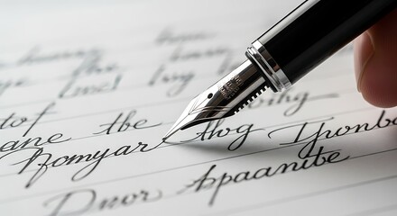 Fototapeta premium Close up of a fountain pen writing elegant cursive script on paper