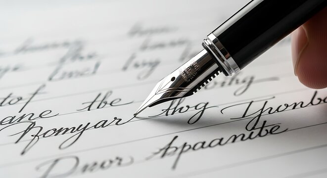 Close up of a fountain pen writing elegant cursive script on paper
