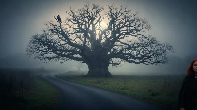 A solitary woman with red hair in a dark cloak walks down a winding country road towards a large, bare tree in the fog, with a raven perched above.