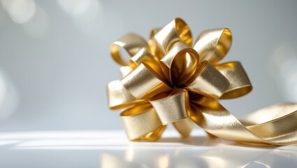 Golden ribbon bow gift on a white surface. Elegant present decoration. Festive, celebration, and gift wrap concept. Bright and luxurious.