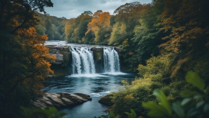 Obraz premium Autumn landscape of a waterfall on a river with colorful trees and rocks, scenic nature view in the forest.