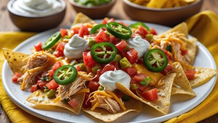 Plate of nachos topped with shredded chicken, diced tomatoes, jalapeÃ±o slices, sour cream, and guacamole, served with side bowls of salsa and guacamole.