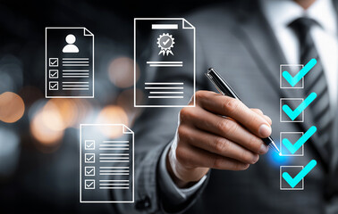 Businessman in suit holding pen and interacting with digital checklist interface, resume, certificate, and form icons. Recruitment, document management and career planning concept, generative ai