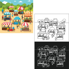 Farmers market vector illustration with people buying and selling produce art