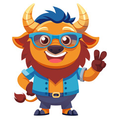 Naklejka premium Vibrant 3D render Smiling full body character of Bison with sunglasses making a peace sign