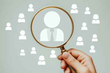 Hand holding magnifying glass focusing on businessperson icon among multiple user icons on grey background. Candidate selection and employee search concept, generative ai