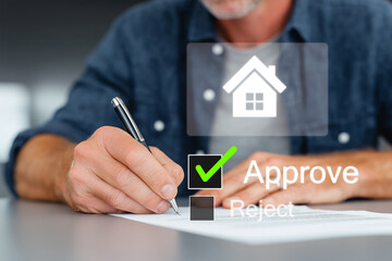 Man signing real estate approval form with checkbox marked approve and house icon on transparent overlay. Mortgage and property approval concept. generative ai.