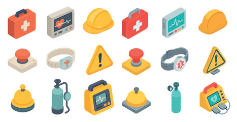 Medical and safety isometric icons set – healthcare, emergency, warning symbols