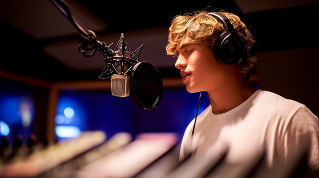Young man sings into microphone while recording in professional studio setting. Mood captures creativity and artistry in music production