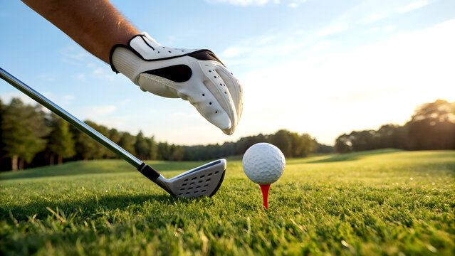 golfer hand placing golf ball on red tee at sunrise with iron club on green course grass close-up