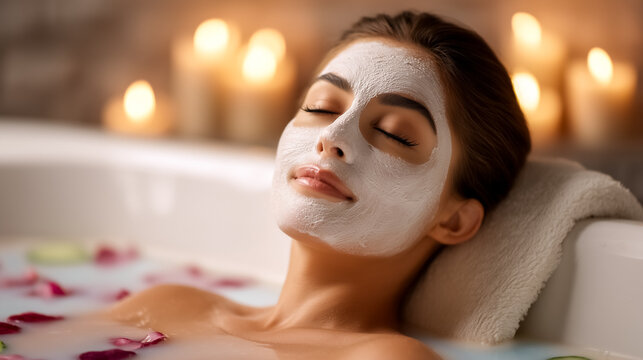 Woman relaxes in a softly lit bathtub with a facial mask while surrounded by candles and rose petals. Calm atmosphere promotes wellness and luxury. Concept of spa, beauty, relaxation - Powered by Adobe