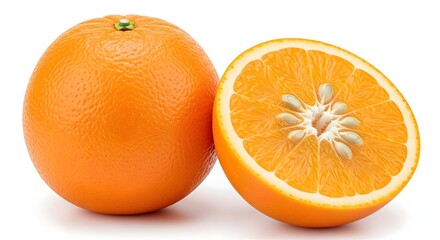 Studio shot of fresh, ripe oranges, one sliced in half revealing its juicy interior, against a clean white backdrop. Ideal for healthy eating and Vitamin C concepts.