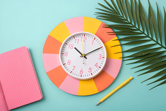 Time to Plan: Vibrant Office Flatlay with Calendar and Clock"