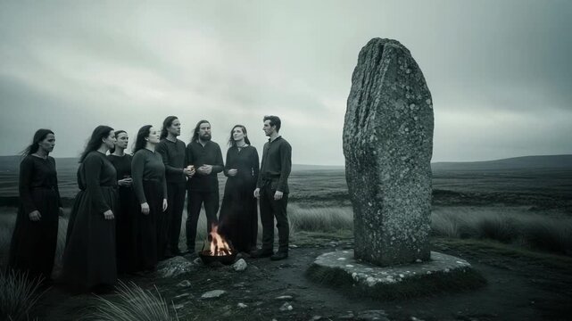 A community of men and women performing a fire ceremony at a monolith. Mysterious pagan ritual in a desolate landscape.