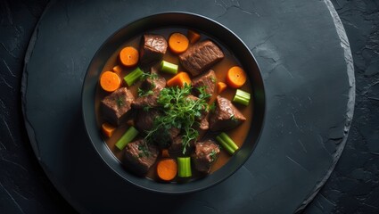 Beef stew with carrots, celery, and herbs served in a black bowl on a dark slate surface.
