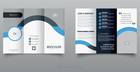 Elegant and modern trifold brochure template featuring curved wave elements, contact info, service list, and tech support section. Ideal for business, real estate, or technology companies.
