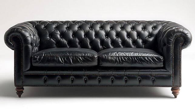 Black leather chesterfield sofa with tufted back.