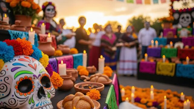 Traditional Dia de los Muertos celebration. An ofrenda with a calavera sugar skull, candles, and marigold flowers at sunset.