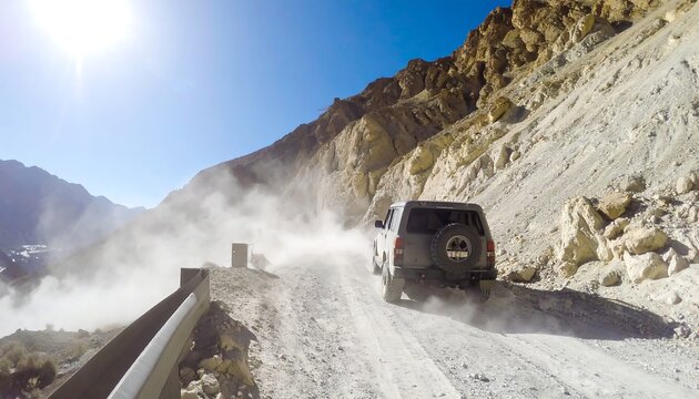 Offroad vehicle traversing a rugged mountain pass kicking up dust on a gravel road with a bright sun and clear blue sky in a mountainous region