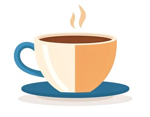 A steaming cup of brown beverage in a twotoned mug with a blue handle resting on a matching saucer isolated on a white background  Simple clean design