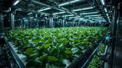Close up of rows of green leafy plants growing indoors in a vertical farm with metal structures
