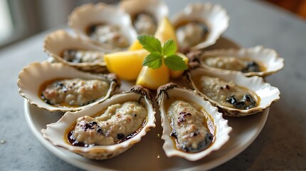 Baked oysters served on a white plate with lemon wedges and a fresh herb garnish, ready to eat.