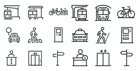 Fototapeta premium Public transport and travel icons set – outline, linear, commuting symbols