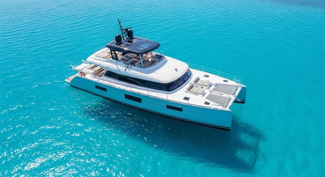 Luxurious white catamaran yacht floating serenely on crystal-clear turquoise ocean waters under a bright sky.