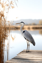 Naklejka premium Heron by the lake: bird, nature, wildlife, scenic outdoor photography reflection