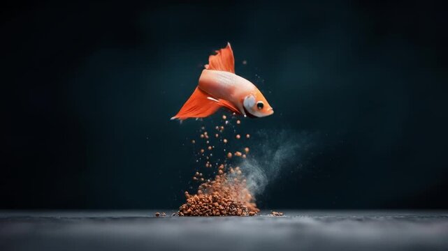 A vibrant betta fish with flowing orange fins leaps toward food pellets in a dark, dramatic setting