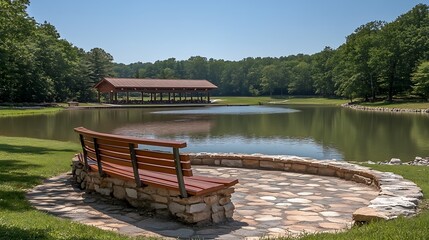 Lakeside bench in a park with a gazebo.
