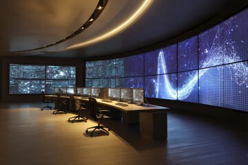 Control Room Data monitors display abstract visuals and statistics for analysis
