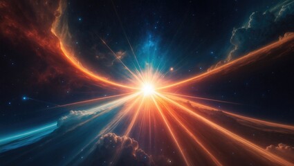 Bright explosion of light and energy in space with vibrant nebula clouds and cosmic phenomena.