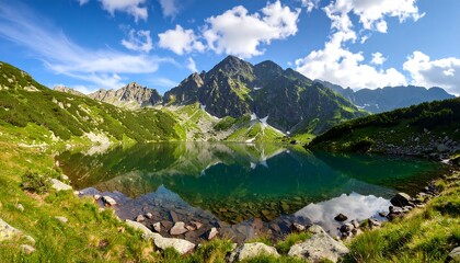 Panoramic alpine lake nestled in a valley of mountains