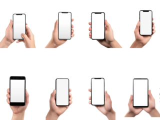 set of hand holding mobile blank touch screen. isolated with clipping path on white background. Cutout PNG