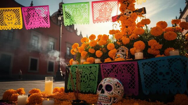 Traditional Dia de los Muertos ofrenda in a Mexican town square with sugar skulls, marigold flowers, papel picado, and candles.