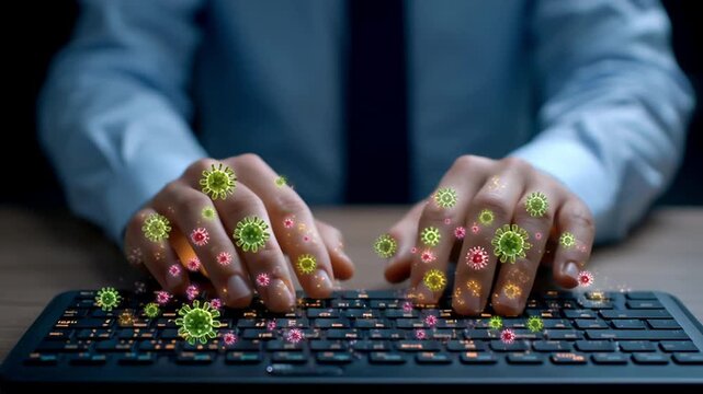 a person's hands touching a computer mouse and keyboard visibly contaminated with germs and viruses (depicted as colorful microscopic overlays: Norovirus, Influenza, Staph)