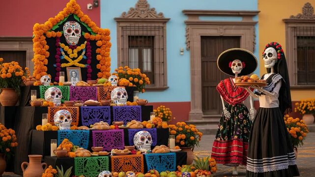 Vibrant Dia de los Muertos celebration with a traditional ofrenda altar. Calavera Catrina and Catrin figures with marigolds and pan de muerto.