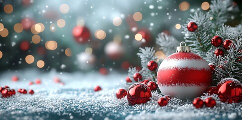 Red and white striped bauble with snow covered fir tree and festive lights Christmas