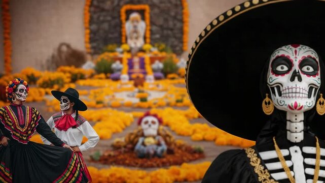 People in Calavera Catrina costumes celebrating the Day of the Dead. Figures with sugar skull makeup and traditional dresses stand before an ofrenda altar with marigold flowers.