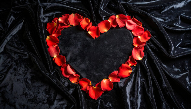 Fototapeta Red rose petal heart shape on black velvet fabric background creates romantic and elegant mood with soft texture and vibrant color contrast for love and celebration themes