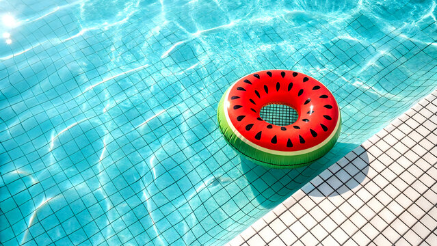 Colorful Watermelon Pool Float Ring Floating in Clear Blue Swimming Pool