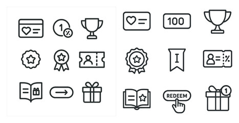 Loyalty programs outline icons set – rewards, membership, perks symbols