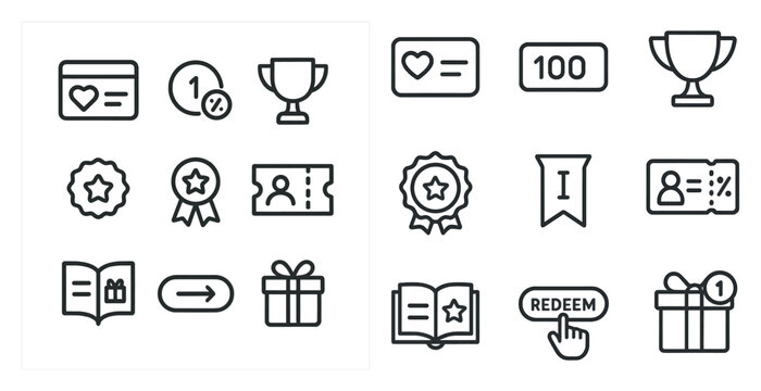 Loyalty programs outline icons set – rewards, membership, perks symbols